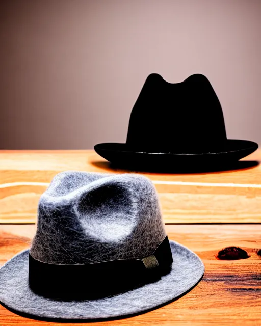 Prompt: photo of gray fur felt fedora and one rocks glass containing some whiskey, on a dark wood bar near a window, film noir lighting, smoky, 8 k,