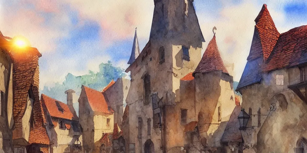 Image similar to medieval town, summer morning light, masterpiece watercolor painting, trending on artstation