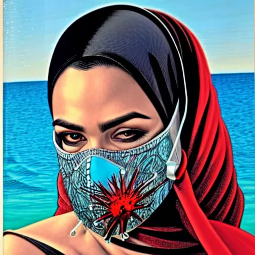 Image similar to a portrait of a saudi woman with side profile blood in ocean intricate details wearing a diver mask by MARVEL comics and Sandra Chevrier-C