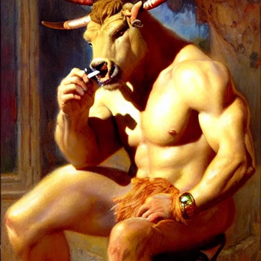 Image similar to a portrait of a minotaur smoking a joint. highly detailed painting by gaston bussiere, craig mullins, j. c. leyendecker, furry