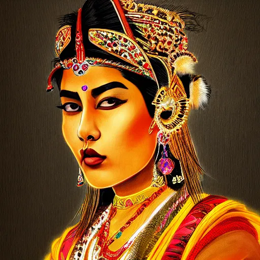 Image similar to painterly portrait of a beautiful asian indian queen mixed with british royal garb trending on artstation