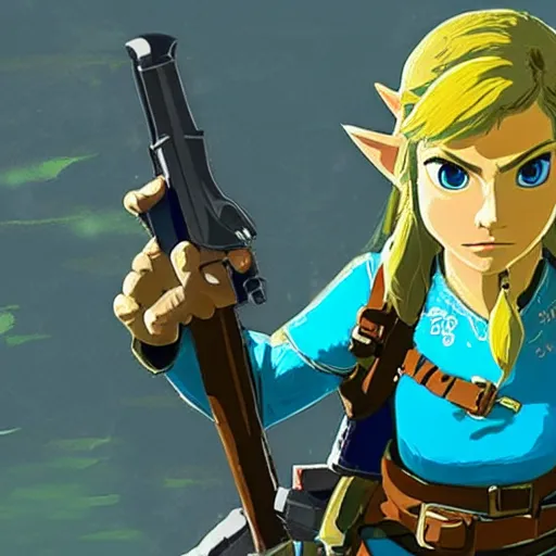 Prompt: zelda from breath of the wild holding a gun