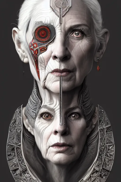 Prompt: symmetry!! portrait of an elderly grey haired woman in the style of god of war, machine parts embedded into face, intricate, elegant, highly detailed, digital painting, artstation, concept art, smooth, sharp focus, illustration, art by artgerm and greg rutkowski and alphonse mucha, 8 k