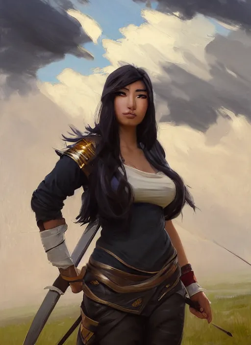 Prompt: portrait of Akali from League of Legends after work, countryside, calm, fantasy character portrait, dynamic pose, above view, view from above, sunny day, thunder clouds in the sky, artwork by Jeremy Lipkin and Giuseppe Dangelico Pino and Michael Garmash and Rob Rey, very coherent symmetrical artwork, sharp edges, perfect face, simple form, 100mm