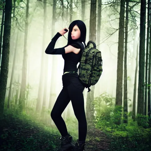 Prompt: young lady with green and black hair wearing black military style clothing backpack long sword glow misty forest rendered