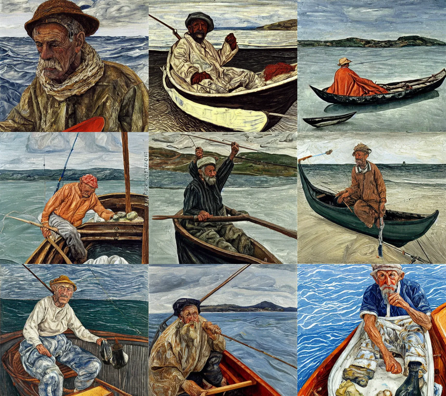 Prompt: painting of wise man as a fisherman on a small boat by the coast by lucian freud - h 7 0 4