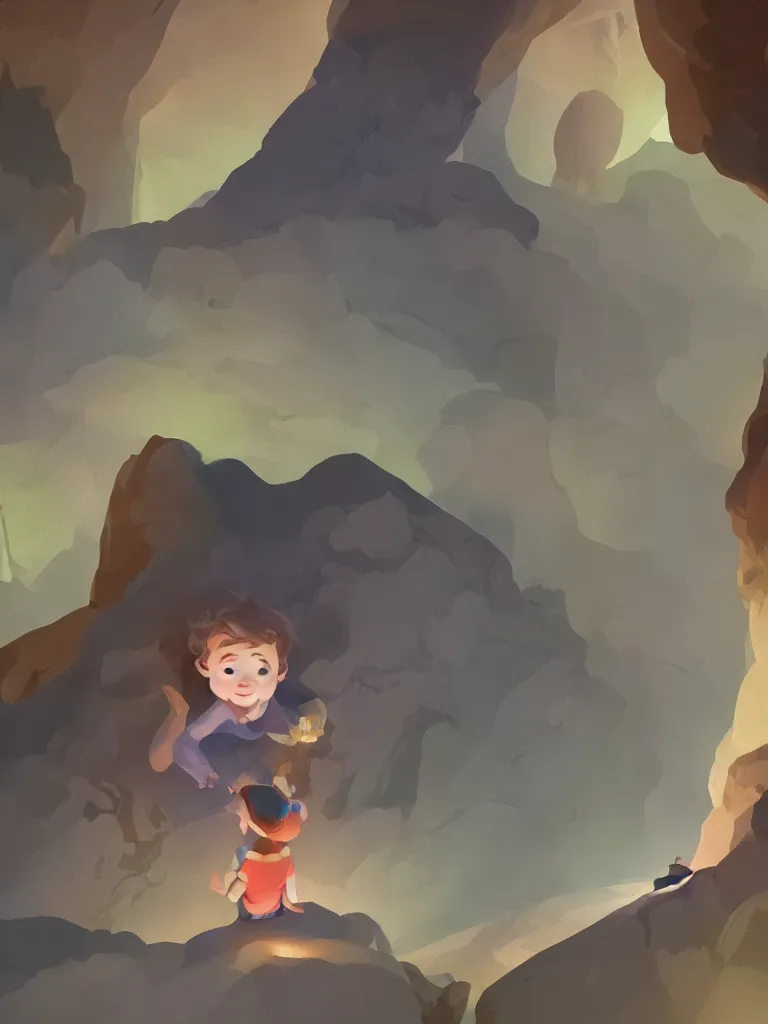 Prompt: lit child, in a dark cave, by disney concept artists, blunt borders, converging lines, soft light