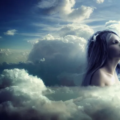 Prompt: goddess wearing a cloud fashion on the clouds, photoshop, colossal, creative, giant, digital art, photo manipulation, clouds, sky view from the airplane window, covered in clouds, girl clouds, on clouds, covered by clouds, a plane, plane window point of view