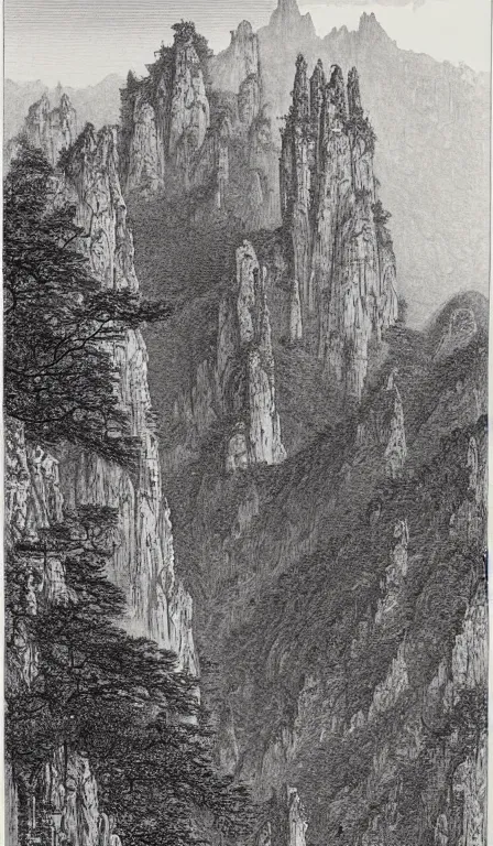 Prompt: an engraving of southern sky column, zhangjiajie national forest park by gustave dore, highly detailed, shan shui, chinese landscape, lithograph engraving