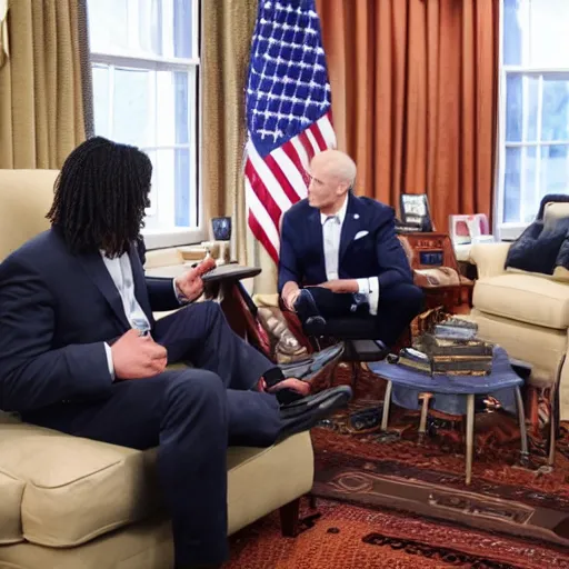 Image similar to nathan fieldier telling joe biden on how to run the country on a podcast show