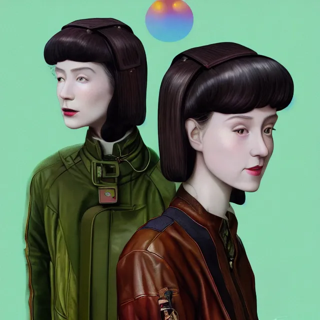 Image similar to portrait of alone androgynous girl wearing bakelite leather jacket, bakelite rocky mountains, moss green japanese haunted forest background, ultrafine hyperdetailed illustration by hsiao - ron cheng and artgerm, modular synthesizer 8 0 s sony stereo helmet backpack, the grand budapest hotel, glow, no crop, digital art, artstation, pop art