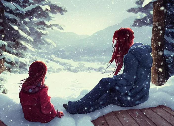 Prompt: a boy and a girl with long flowing auburn hair sitting together on the porch of a cabin on a mountain overlooking a snowy landscape. Atmospheric lighting, romantic, boy and girl, cold lighting, snowy. By Makoto Shinkai, Stanley Artgerm Lau, WLOP, Rossdraws, James Jean, Andrei Riabovitchev, Marc Simonetti, krenz cushart, Sakimichan, D&D trending on ArtStation, digital art.