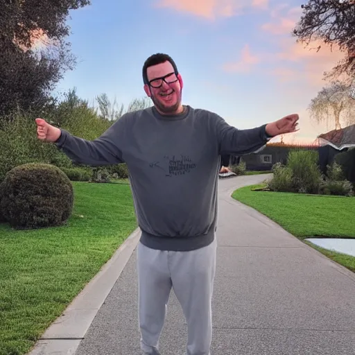 Image similar to Rocco Botte wearing gray sweatshirt and gray sweatpants and gray 👟 standing in a T-pose on a suburban residential street