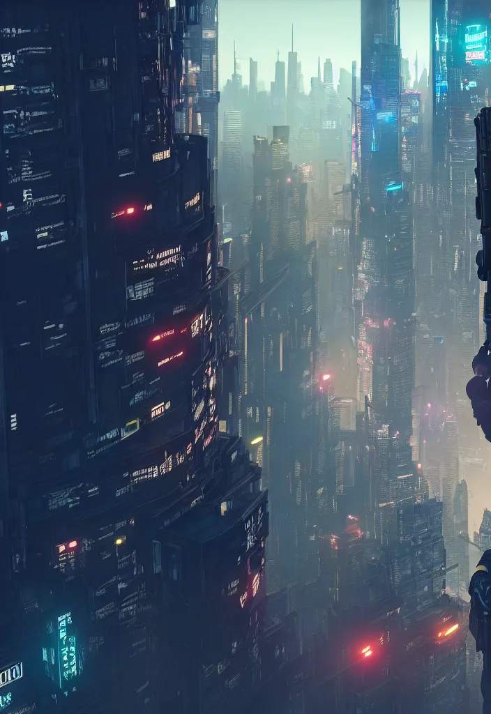 Prompt: a lone police officer overlooking a ledge towards the city below in cyberpunk new york city | highly detailed | very intricate | cinematic lighting | by asher brown durand and eddie mendoza | featured on artstation