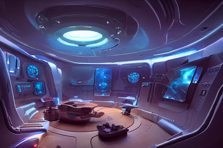 Prompt: the interior of a futuristic cybernetic cyberpunk jellyfish nautilus lit by a diffuse glow from control panels and displays, a command chair with stained walnut inlay sits open in the middle by jessica rossier