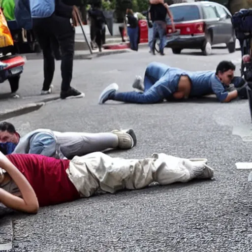 Prompt: several people laying on pavement, dead after gas attack, horror scene, landscape