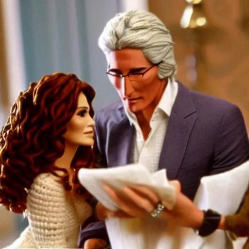 Prompt: Scene from the movie Pretty Woman with crocheting figures. Richard Gere is a crocheting figure, Julia Roberts is a crocheting figure.