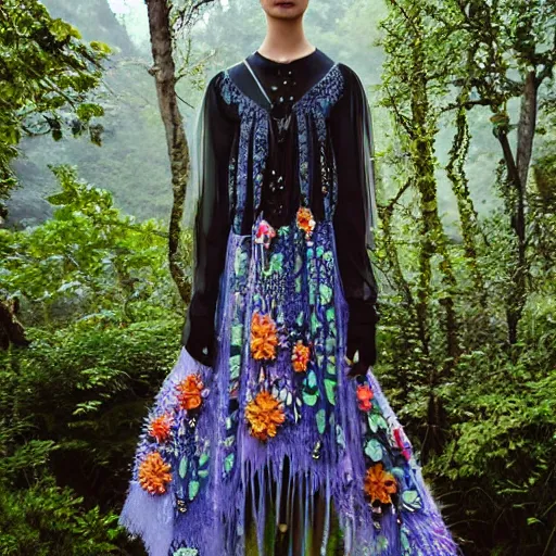 Image similar to hungarian cybernetic folk costume made by valentino resort ss 2 0 1 6, sheer layered floral dress, chain jewelry, coin veil, cute young model standing near a mystical mountain forest waterfalls, hologram flowers