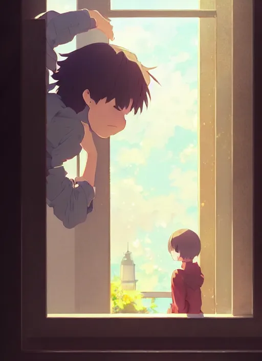 Image similar to boy kissing girl from a window. illustration concept art anime key visual trending pixiv fanbox by wlop and greg rutkowski and makoto shinkai and studio ghibli