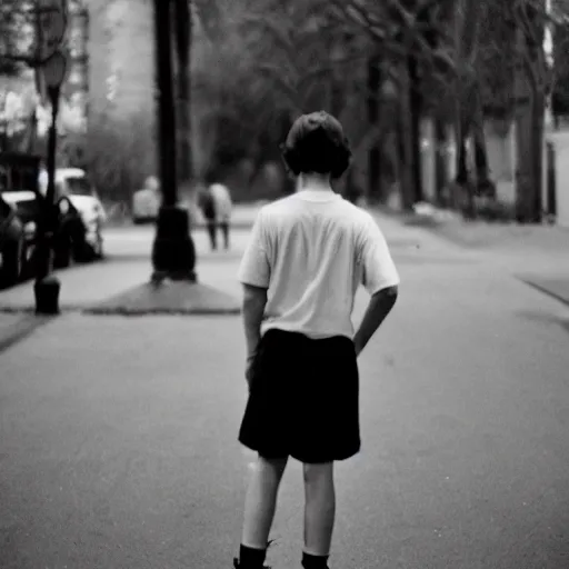 Prompt: a nostalgic full body 3 5 mm film photography of a streer kid who has turned against his friends and loved ones for a handfull of dollars