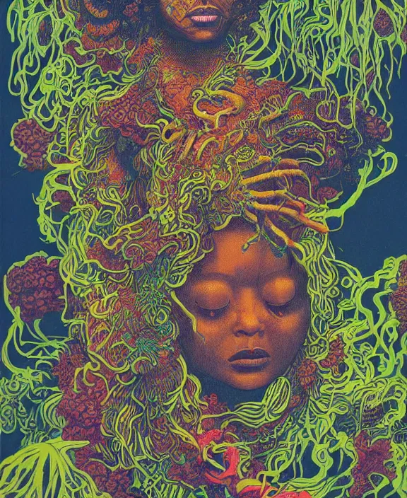 Prompt: afro medusa, exotic vegetation, tristan eaton, victo ngai, triadic color scheme, edward hopper, beksinski, nicola samori, hyperrealism, intricate detailed, risograph