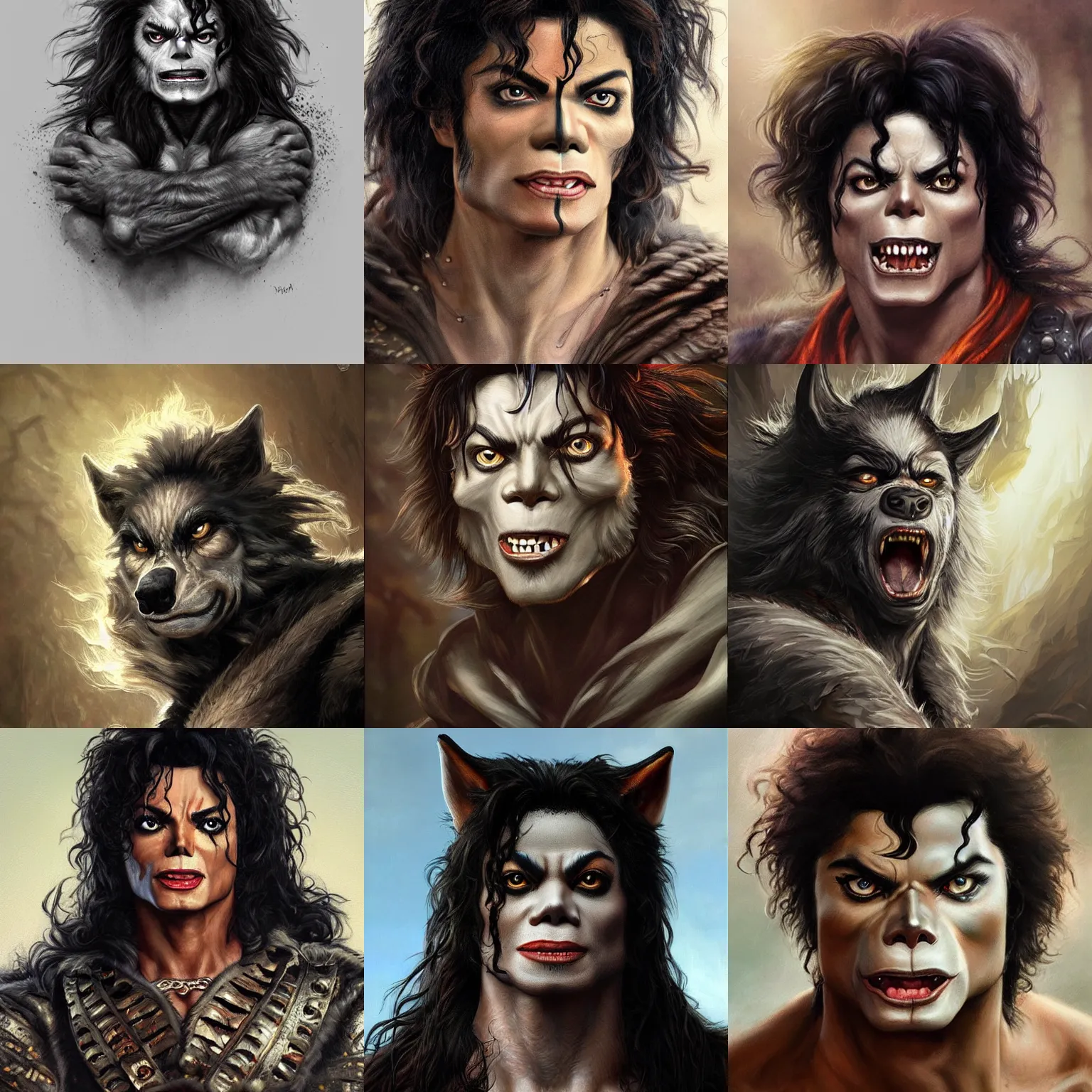 Prompt: werewolf!!! michael jackson! very close portrait of angry rugged barbarian, muscular, upper body, 👅 👅 , D&D, fantasy, intricate, elegant, highly detailed, digital painting, artstation, concept art, smooth, sharp focus, illustration, art by artgerm and greg rutkowski and alphonse mucha