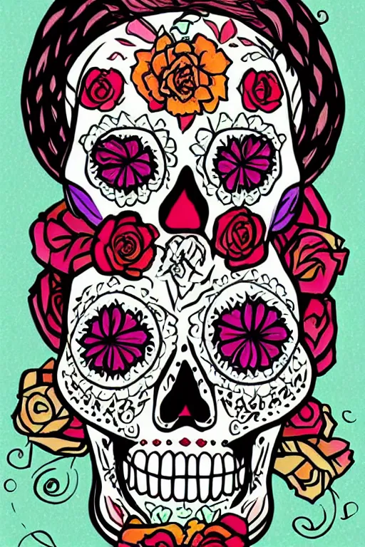 Prompt: illustration of a sugar skull day of the dead girl, art by nick sullo