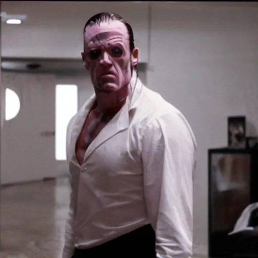Image similar to The Undertaker as The American Psycho, cinematic still, sweating hard