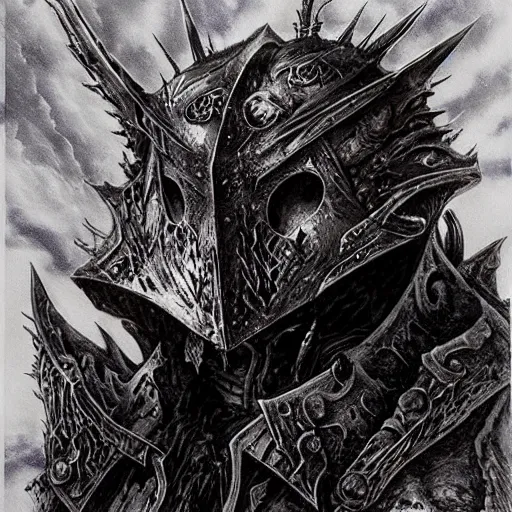 Prompt: ian miller, realms of chaos, death knight helmet