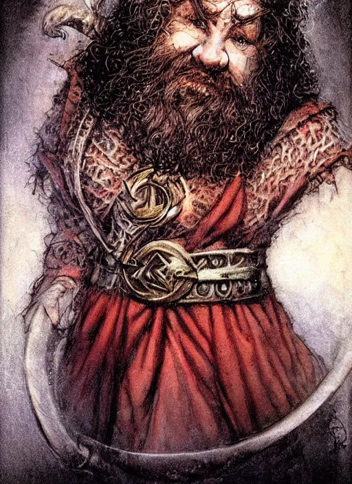 Image similar to portrait of dwarf sorcerer, beautiful! coherent! dungeons and dragons character, by brian froud, larry elmore, gerald brom, ralph horsley, wayne reynolds, strong line, deep color, chainmail, short red hair, high contrast