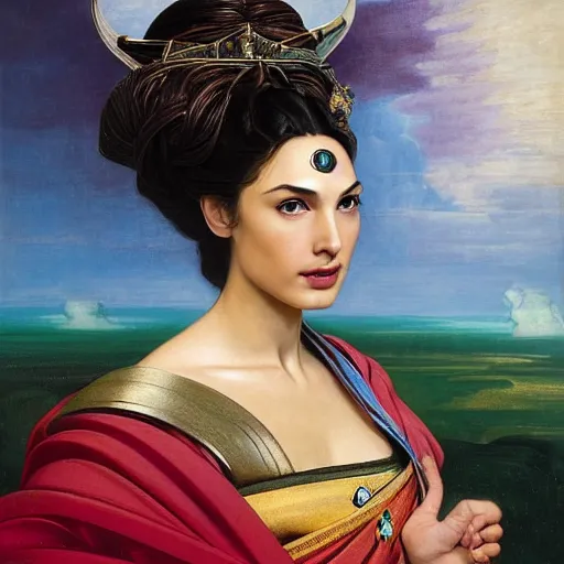 Image similar to Head and shoulders masterpiece portrait oil painting of the beautiful goddess Gal Gadot as Geisha, she is wearing roman clothes and a surreal jewelry, her hair is natural disheveled, she is approaching heaven over the clouds, naturalism, dramatic lighting, high-detailed oil painting by Ilya Repin, Michelangelo da Caravaggio, William Blake, Alex Grey and Beksinski, trending on Artsation, hystorical painting, naturalism, masterpiece, full body shot, 4k, 8k,