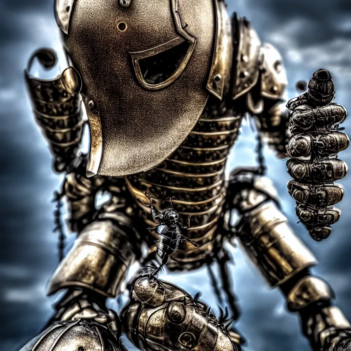 Image similar to photo of a warrior with metal ant themed armour, highly detailed, 4 k, hdr, smooth, sharp focus, high resolution, award - winning photo