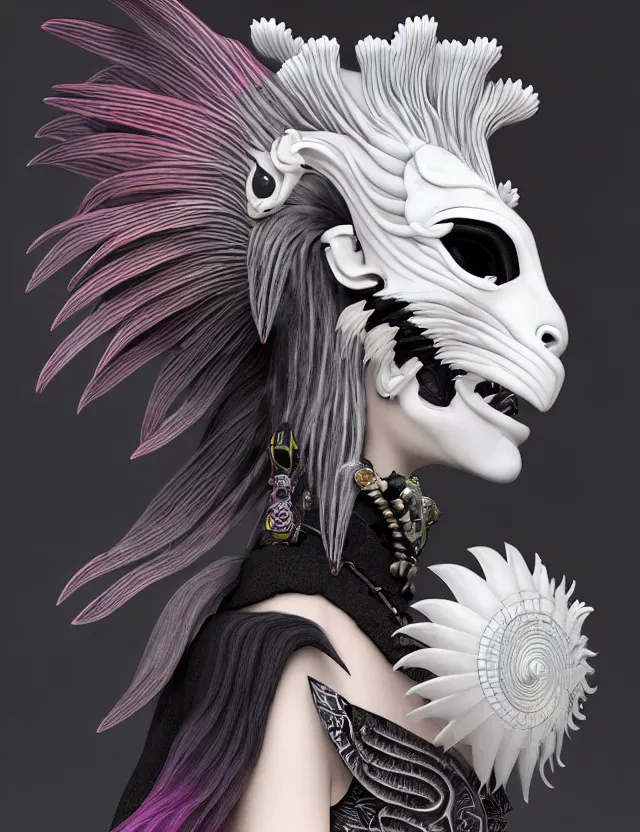 Image similar to 3 d goddess close - up profile simple portrait punk with mohawk with ram skull. beautiful intricately detailed japanese crow kitsune mask and clasical japanese kimono. betta fish, jellyfish phoenix, bio luminescent, plasma, ice, water, wind, creature, artwork by tooth wu and wlop and beeple and greg rutkowski