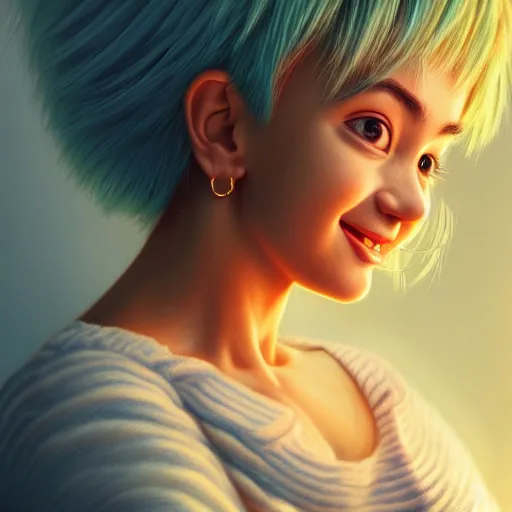 Image similar to intricate beautiful portrait of bulma, smiling softly, casual clothes, relaxing on the couch, home interior, golden hour, close up shot, 8 k, art by irakli nadar, hyperrealism, hyperdetailed, ultra realistic