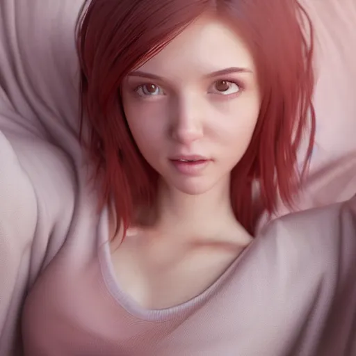 Image similar to 3 d render of a cute thin young woman, red blush, wearing casual clothes, small smile, relaxing on a couch, cuddling up under a blanket, cozy living room, medium shot, 8 k, octane render, trending on artstation, art by artgerm, unreal engine 5, hyperrealism, hyperdetailed, ultra realistic