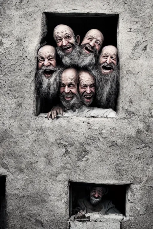 Prompt: a old laughing happy old man with 3 heads and 6 eyes, long hair, long beard, hanging upsidedown by steve mccurry