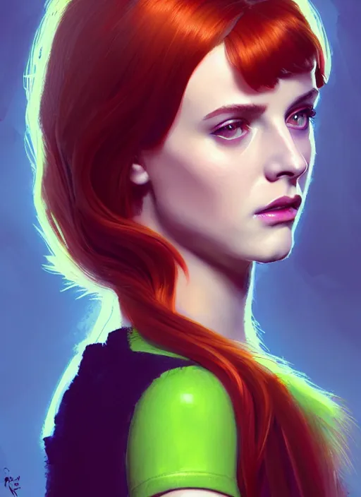 Image similar to portrait of teenage cheryl blossom, bangs, green eyes, mean expression, mischievous expression, red hair, bangs and wavy hair, bangs, intricate, elegant, glowing lights, highly detailed, digital painting, artstation, concept art, smooth, sharp focus, illustration, art by wlop, mars ravelo and greg rutkowski