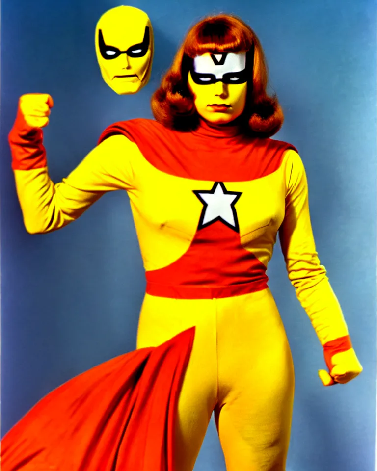 Image similar to new marvel superhero named captain marigold, not cropped, orange and yellow costume, 1 9 7 0 s photo