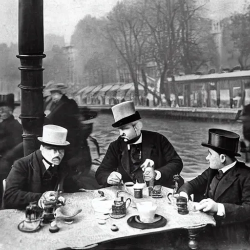 Prompt: paris at early 2 0 th century. two gentlemen with top hats are having a coffee around a table at river seine ´ s bank. the two gentlemen are watching a painter at the banks on river seine, where he is painting something on a canvas. the painter is ewan mcgregor