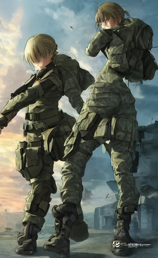 Prompt: girl, trading card front, future soldier clothing, future combat gear, realistic anatomy, concept art, professional, by ufotable anime studio, green screen, volumetric lights, stunning, military camp in the background, metal hard surfaces, focus on generate the face, strafing attack plane