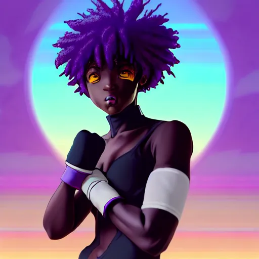 Image similar to portrait of black anime manga girl, boxer punch pose, french bob hair, white hair, wearing camo, purple eyes, by gustave dore, vaporwave colors, lofi colors, vaporwave, lofi, goth vibe, 4 k, smooth, hd, substance designer render, full body character concept art, symmetrical, 2 point lighting,