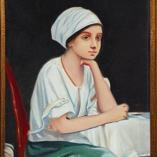 Image similar to a girl with a white headkerchief sitting alone on a birthday table looking sad high detailed painting