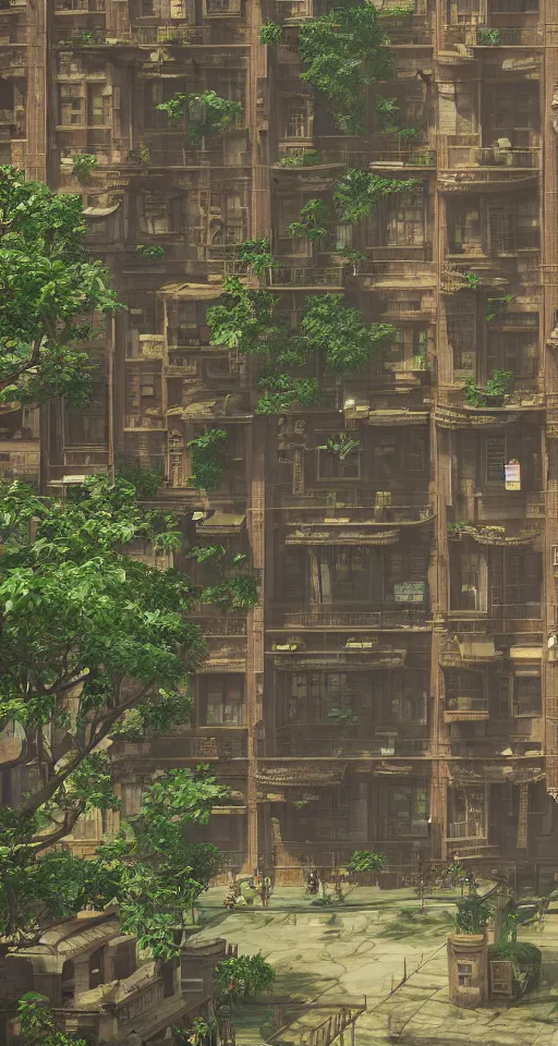 Image similar to A Huge Steampunk Old Apartment Building, by Miyazaki, by Vincent Di Fate Nausicaa, Ghibli, Breath of The Wild, epic composition, green plants, octane render, trending on artstation