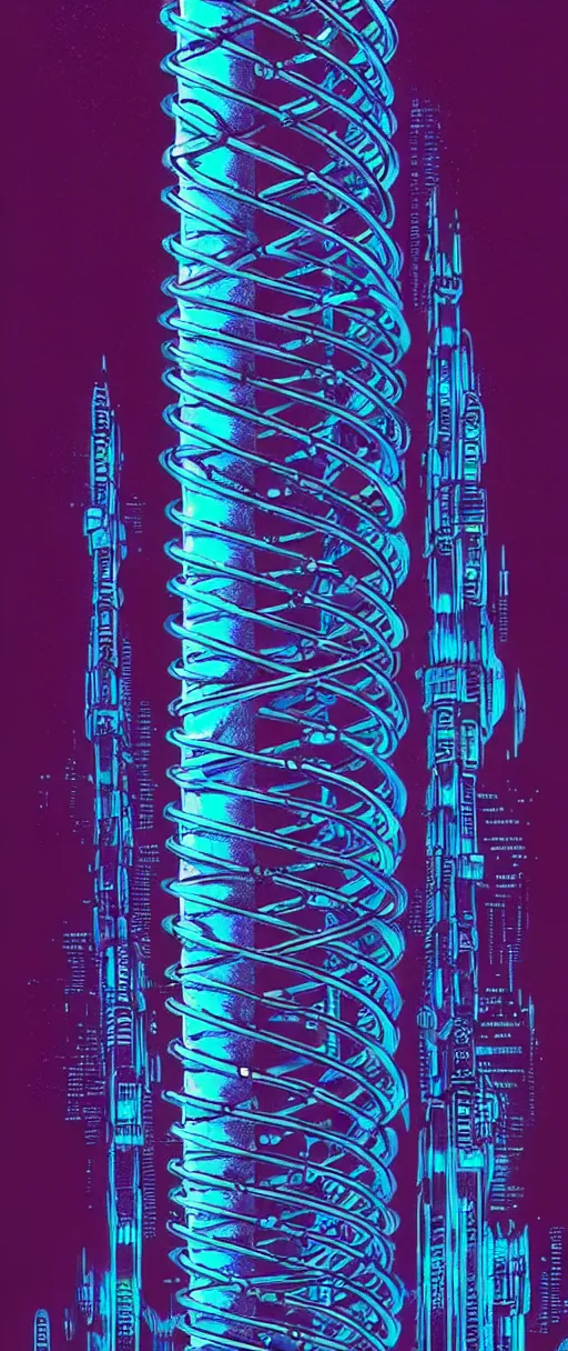 Prompt: a double helix dna cyberpunk pillar, high details, lineart, by vincent di fate, inking, 3 color screen print, masterpiece, trending on artstation, sharp, high contrast, hyper - detailed,, hd, 4 k, 8 k