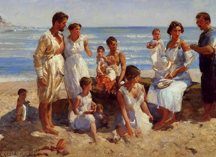 Image similar to a highly detailed beautiful family portrait of a roman family at the beach, by gregory manchess, james gurney, james jean