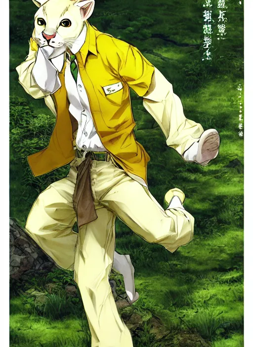 Prompt: character portrait of a anthro albino mountain lion wearing a yellow button-down shirt and green slacks. hidari, color page, tankoban, 4K, tone mapping, Akihiko Yoshida.