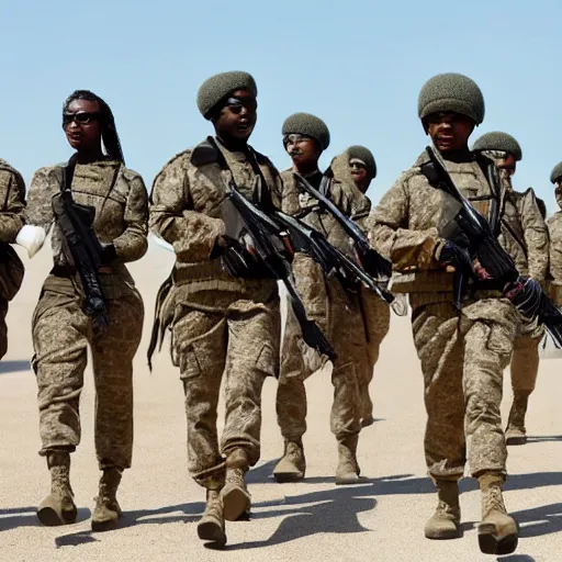 Image similar to a squad of futuristic soldiers led by a female soldier with brown skin and short hair