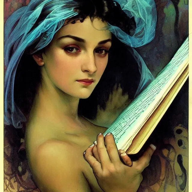 Prompt: an aesthetic! detailed close - up portrait of an aesthetic woman, covered by transparent veil, holding an leather bound book, by frank frazetta and alphonse mucha, oil on canvas, bright colors, art nouveau, epic composition, dungeons & dragons fantasy art, hd, god - rays, ray - tracing, crisp contour - lines, huhd - 8 k