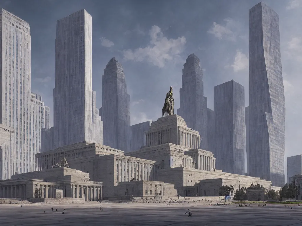 Prompt: architecture concept art by fan wennan. future capitol of the american communist party shining in the sun, communist statue and insignia, hyperdetailed, cinematic, photorealistic, hyperrealism, masterpiece, grounded communist governmental architecture, statue, imposing, strength, abundance, life