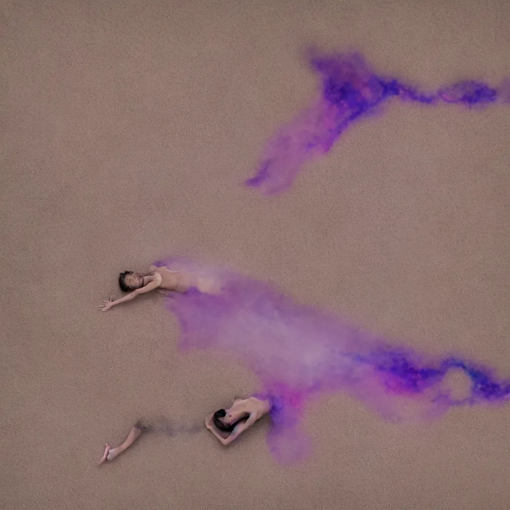 Image similar to overhead view of iridiscent oil spill in desert sand tempest with women corpses connected by cables and computers to wax forms to a buried baby relaxing on yoga mat, faded, purple gradient, dust, purple fog, depth of field, by werner herzog, hans bellmer and nadav kander, 8 k, sad atmosphere, cinematic